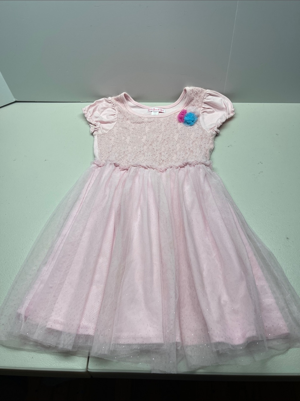 Girls Pink Lace & Tulle Party Dress with Floral Accent